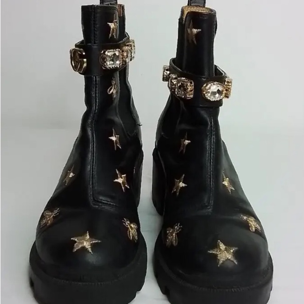 Gucci Gold Bee Embroidered Leather Ankle Boots Removable Cuff Women's 7
